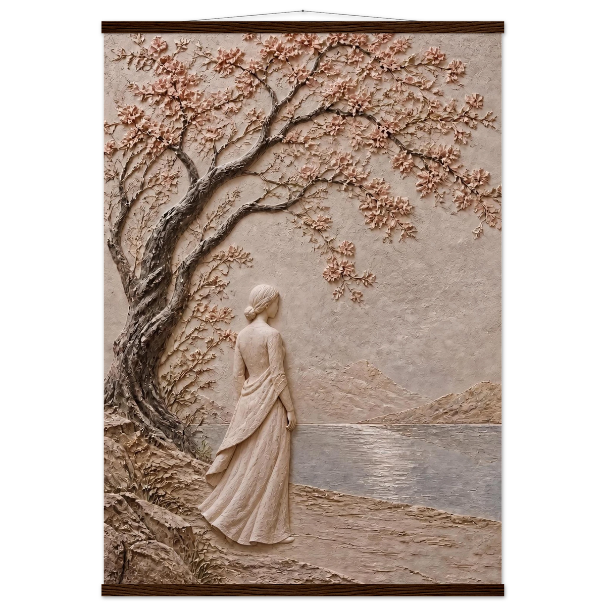 Spring Walk: impasto, lake and blossoming tree. Fine art poster, alternate frame and size.