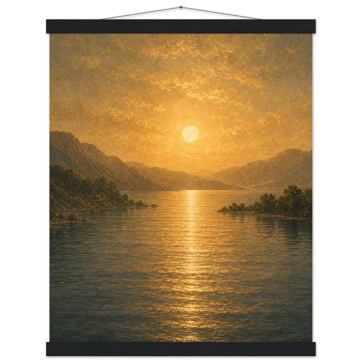 Golden Reflection: lake, sunset and mountains. Fine art poster with wooden hanger by The Light Stays.