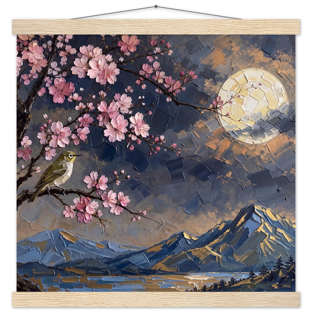 Blossom Moon: cherry blossom, japanese landscape and night. Fine art poster with wooden hanger by The Light Stays.