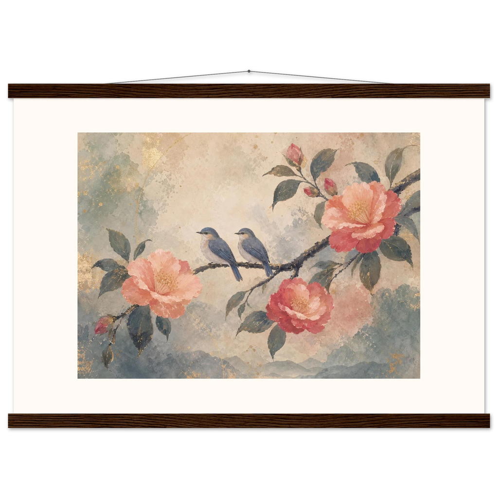 Camellia Birds: flowers and botanical. Fine art poster, alternate frame and size.