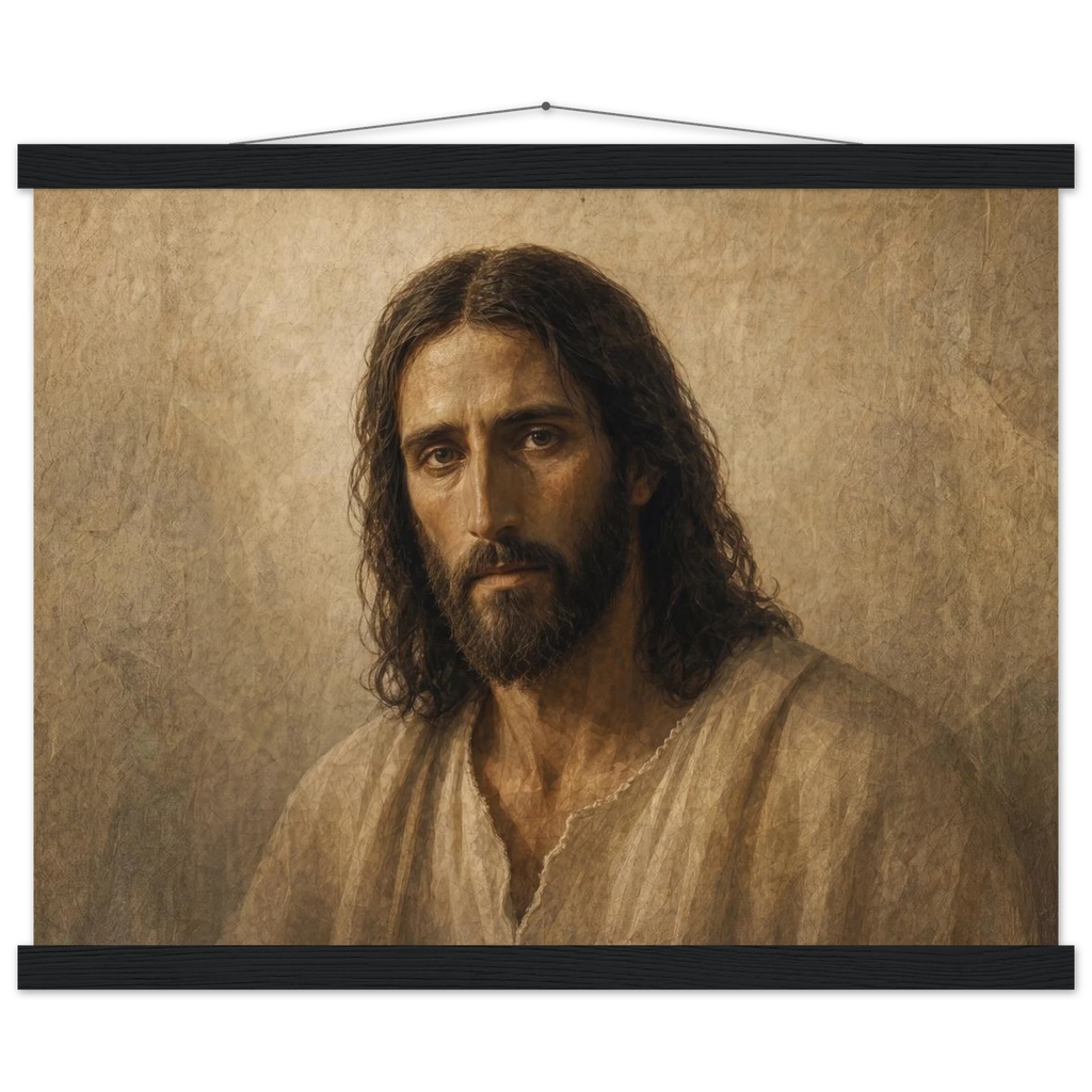 Pôster Kind Eyes com suporte de madeira, retrato sereno de Jesus em luz quente