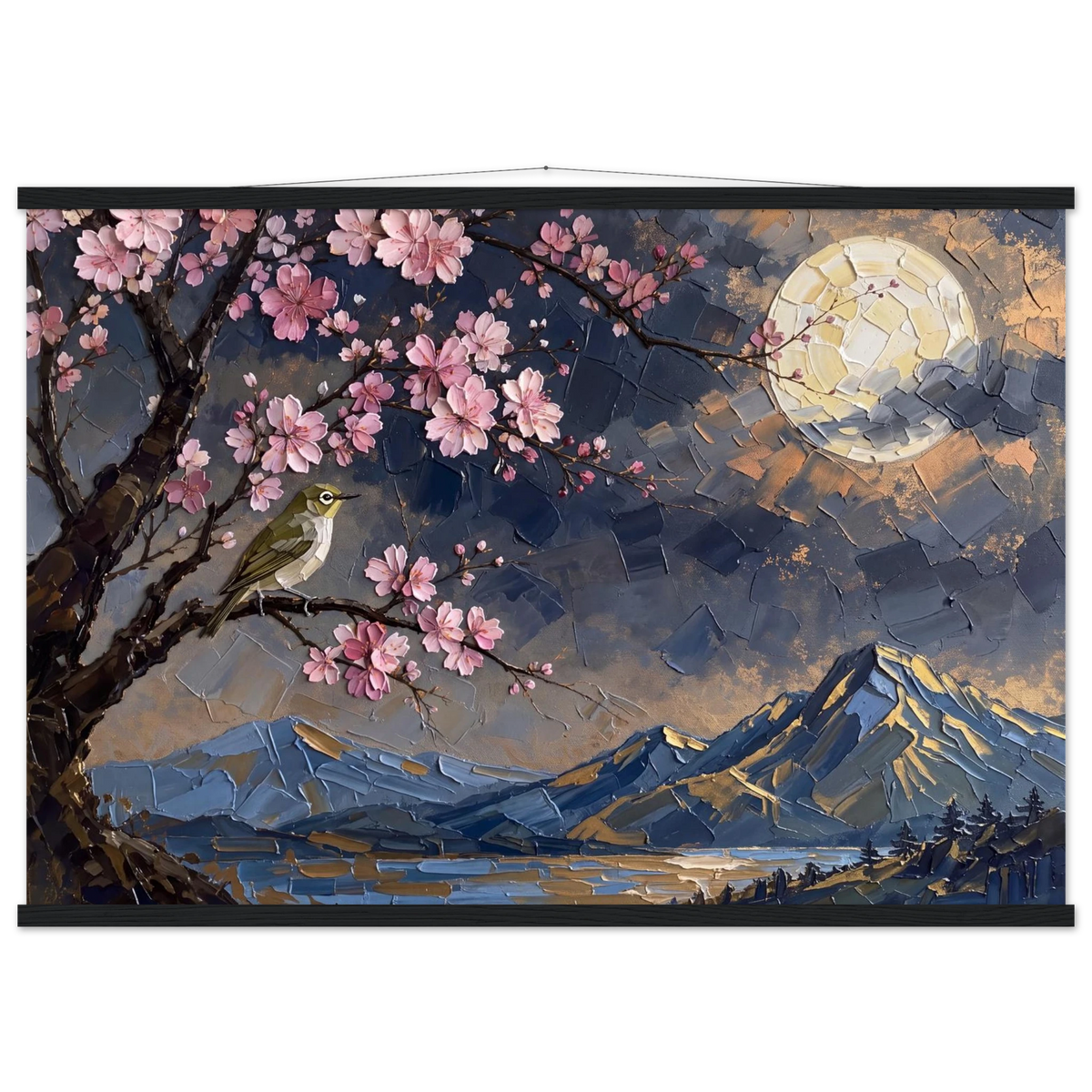 Blossom Moon: cherry blossom, japanese landscape and night. Fine art poster with wooden hanger by The Light Stays.