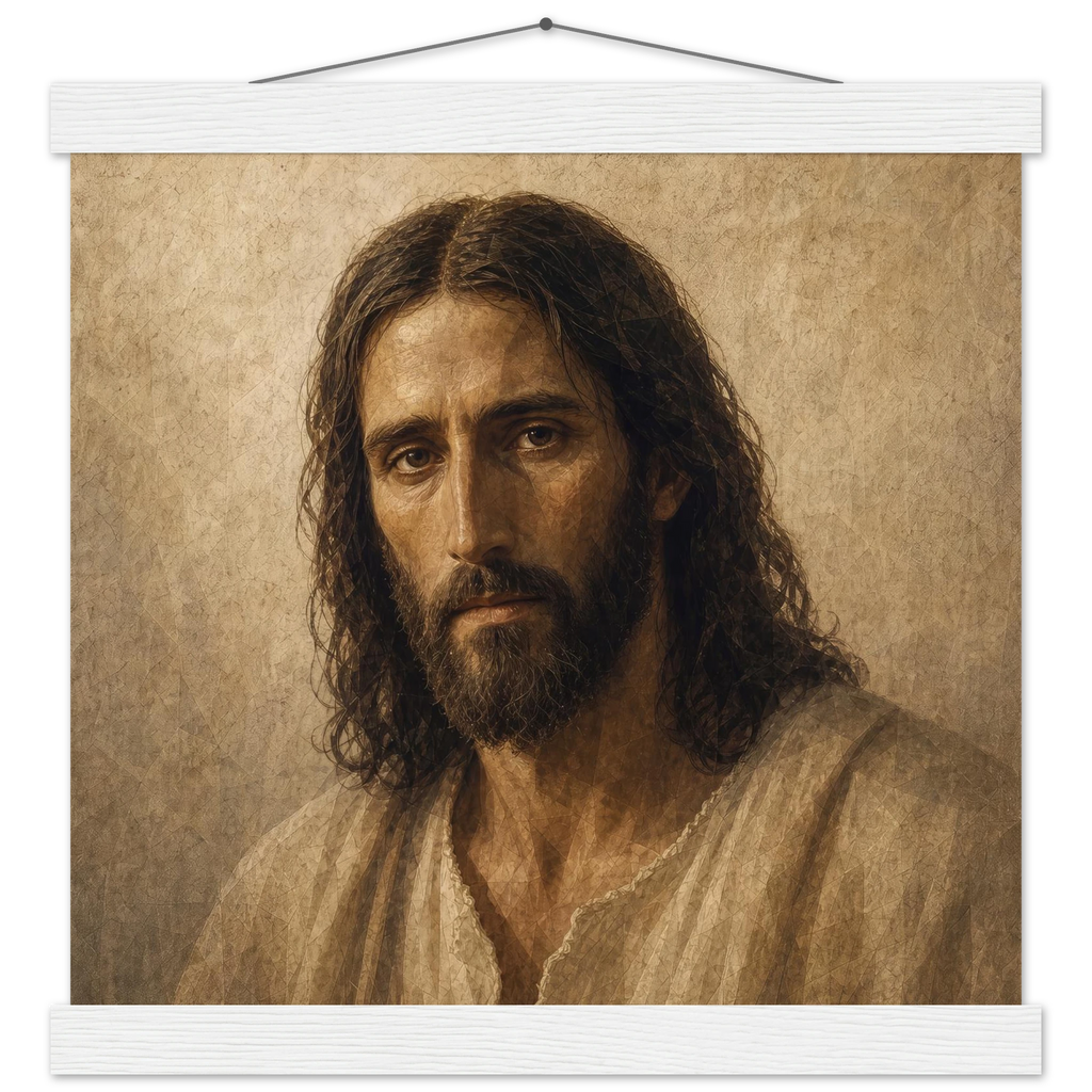 Pôster Kind Eyes com suporte de madeira, retrato sereno de Jesus em luz quente