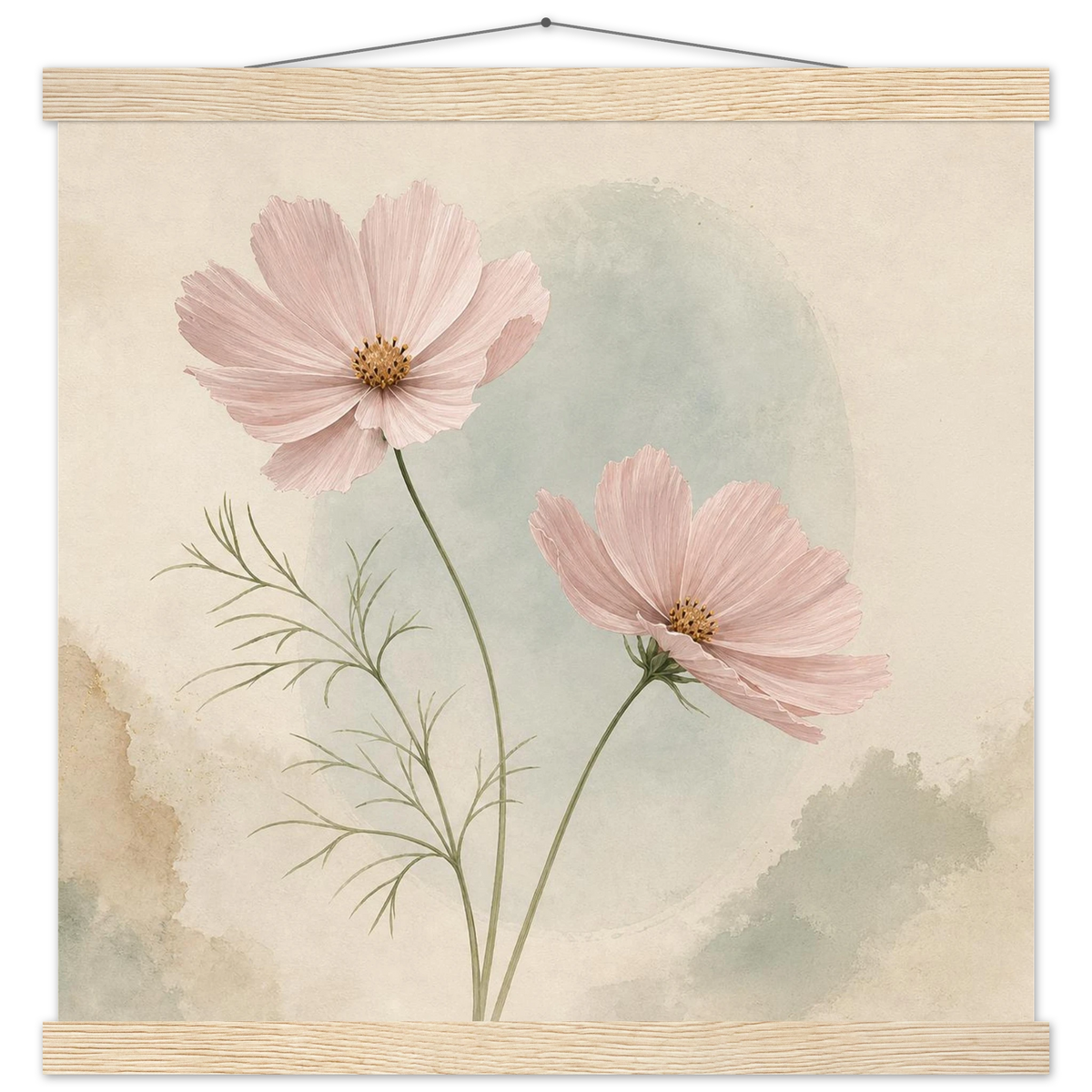Cosmos Unison: flowers, blush and celadon. Fine art poster with wooden hanger by The Light Stays.