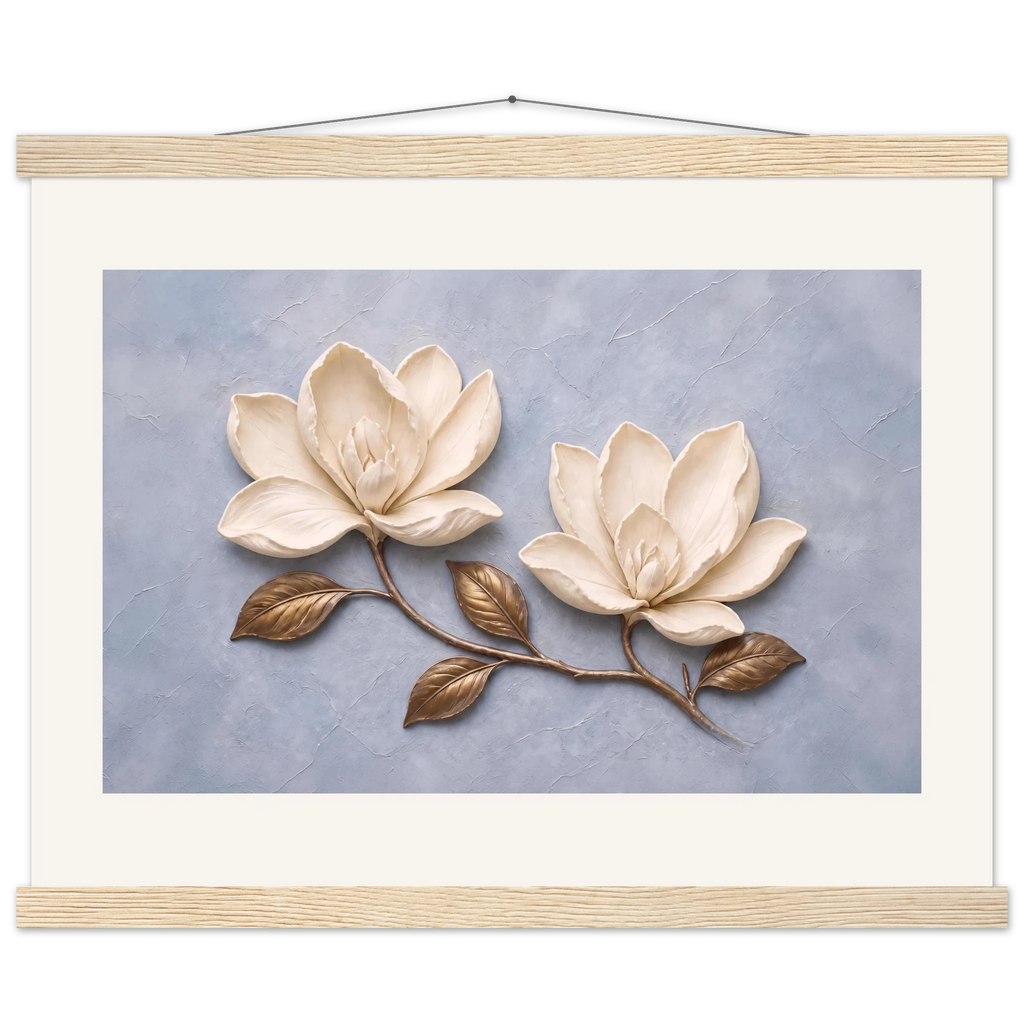 Bronze Magnolia, flowers and botanical. Archival fine art poster shown framed.