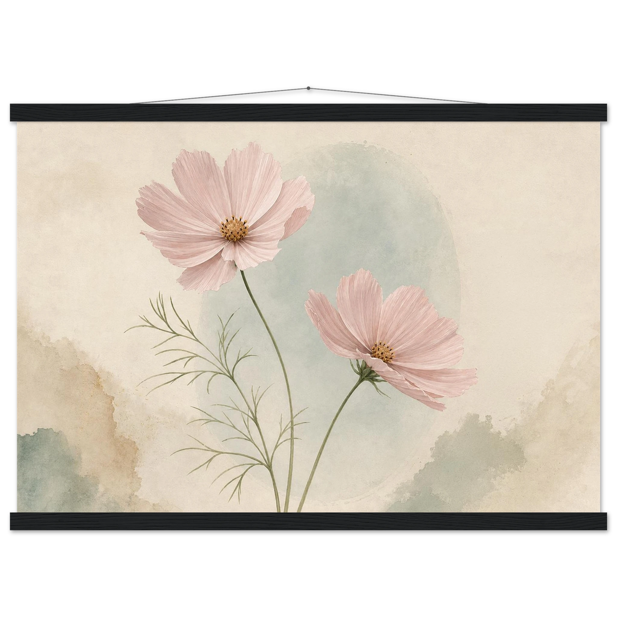 Cosmos Unison: flowers, blush and celadon. Fine art poster with wooden hanger by The Light Stays.