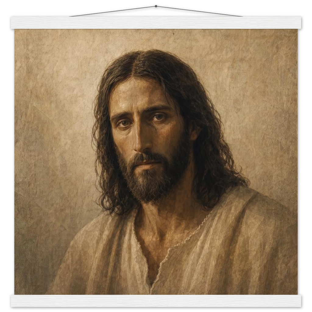 Pôster Kind Eyes com suporte de madeira, retrato sereno de Jesus em luz quente