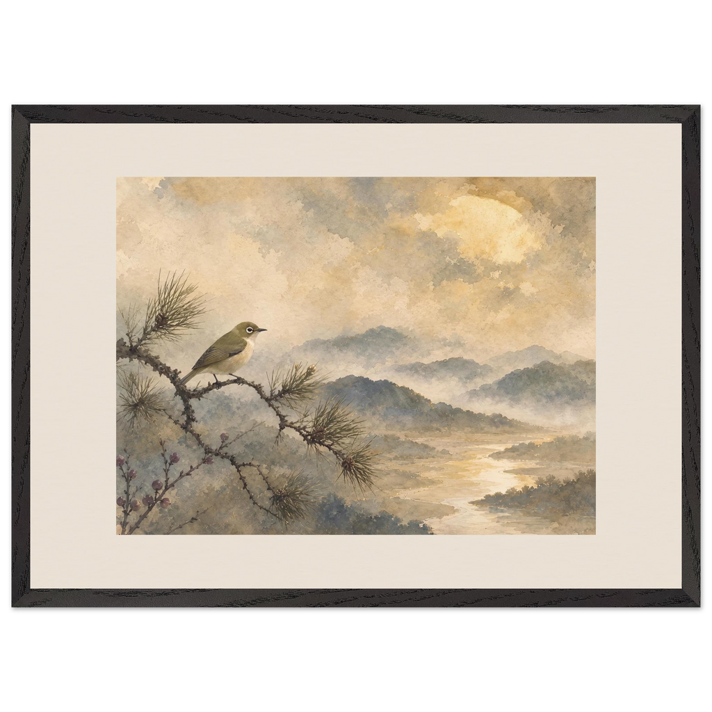 Golden Moon Bird: japanese art and japandi. Museum-quality framed fine art print.