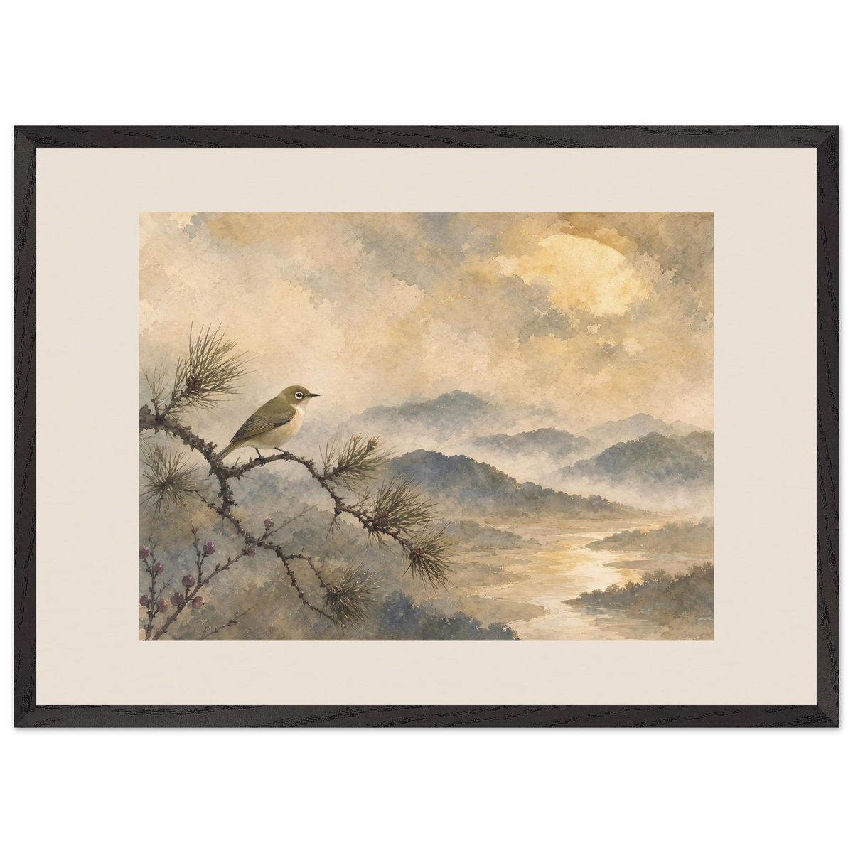 Golden Moon Bird: japanese art and japandi. Museum-quality framed fine art print.