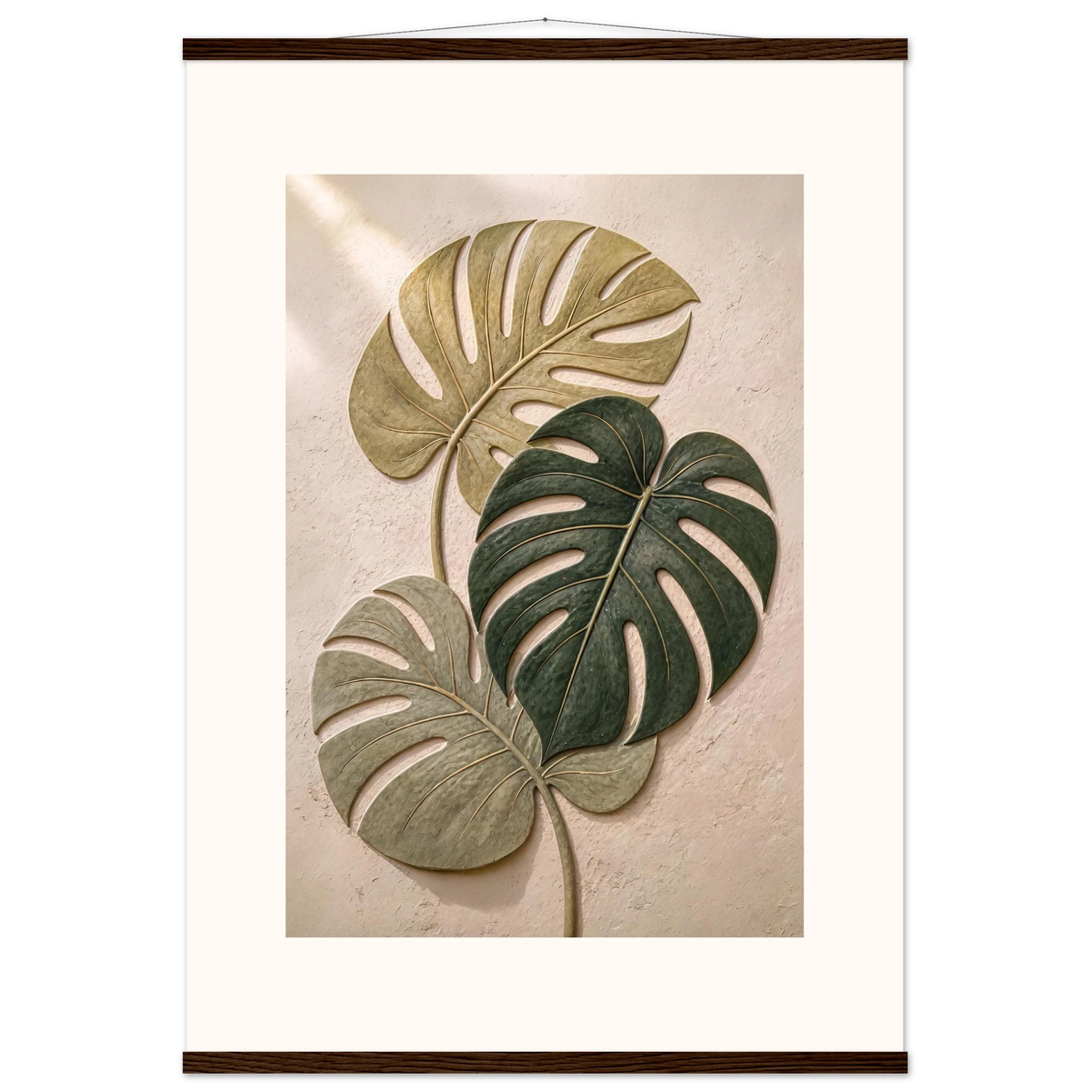 Stone Monstera, botanical and nature. Archival fine art poster shown framed.