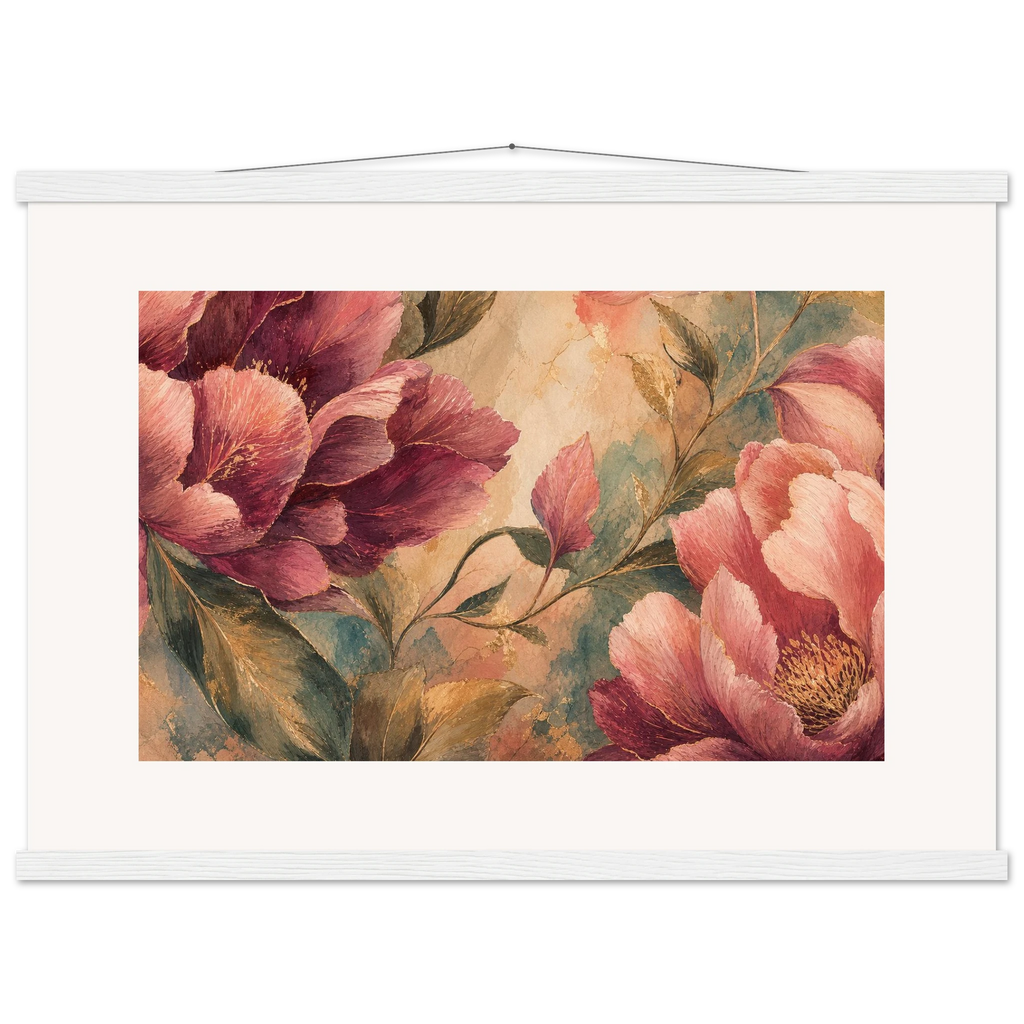 Crimson Peonies: flowers and botanical. Fine art poster, alternate frame and size.