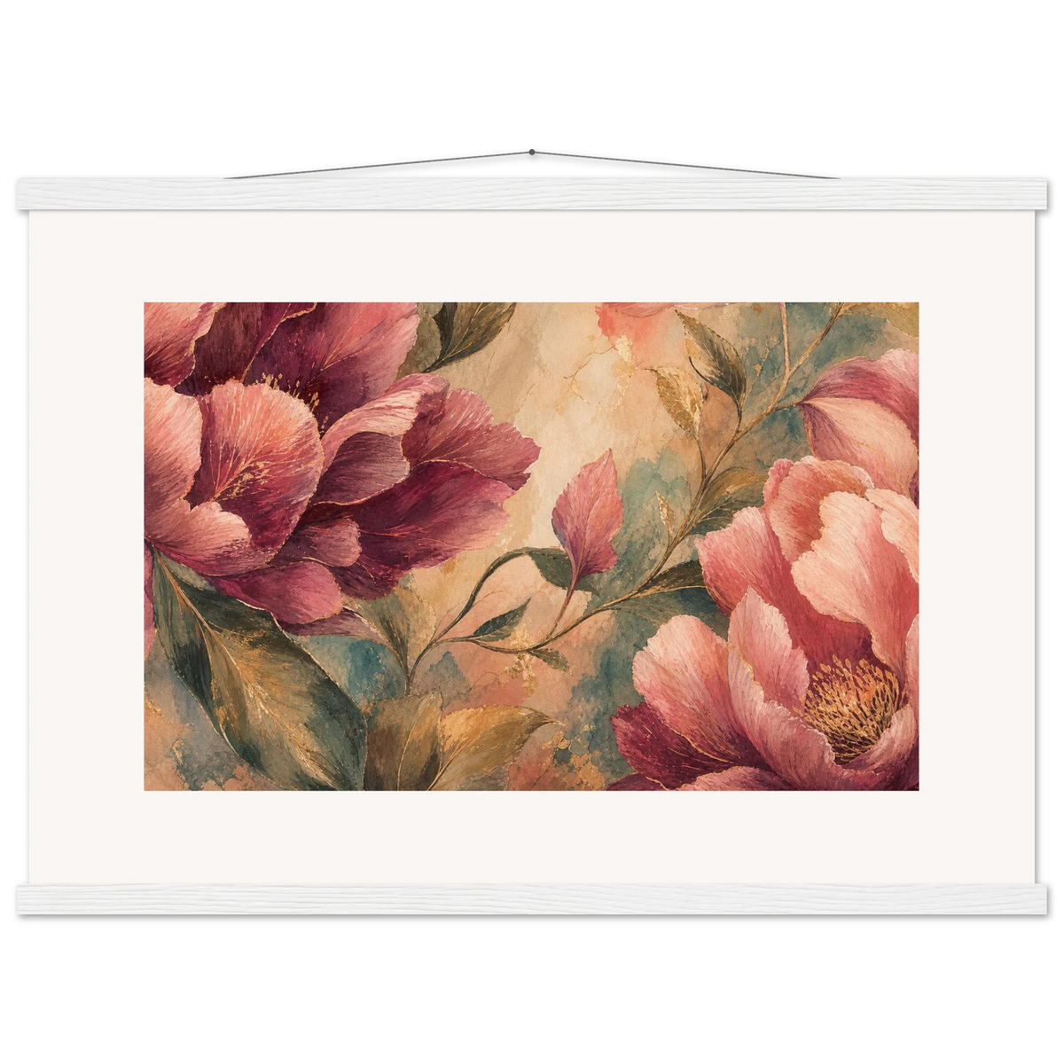 Crimson Peonies: flowers and botanical. Fine art poster, alternate frame and size.