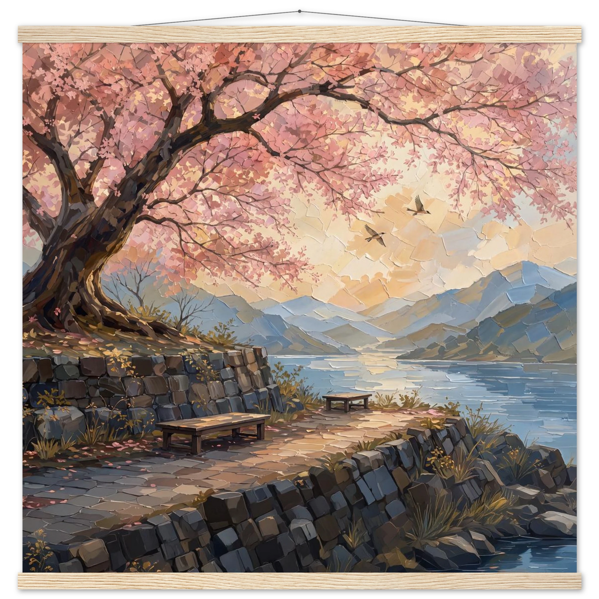 Cherry Blossom Lake: japanese art, sunset and japandi. Fine art poster with wooden hanger by The Light Stays.