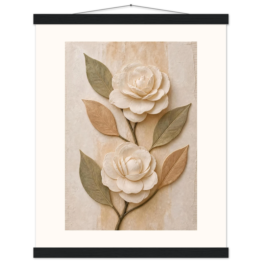 Carved Camellia: flowers and botanical. Fine art poster, alternate frame and size.