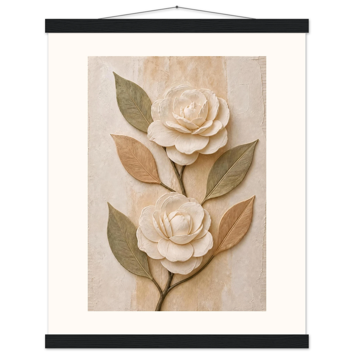 Carved Camellia: flowers and botanical. Fine art poster, alternate frame and size.