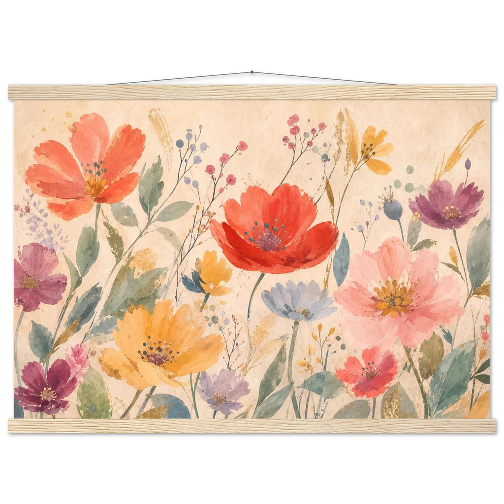 Floral Rhythm, flowers and botanical. Archival fine art poster shown framed.