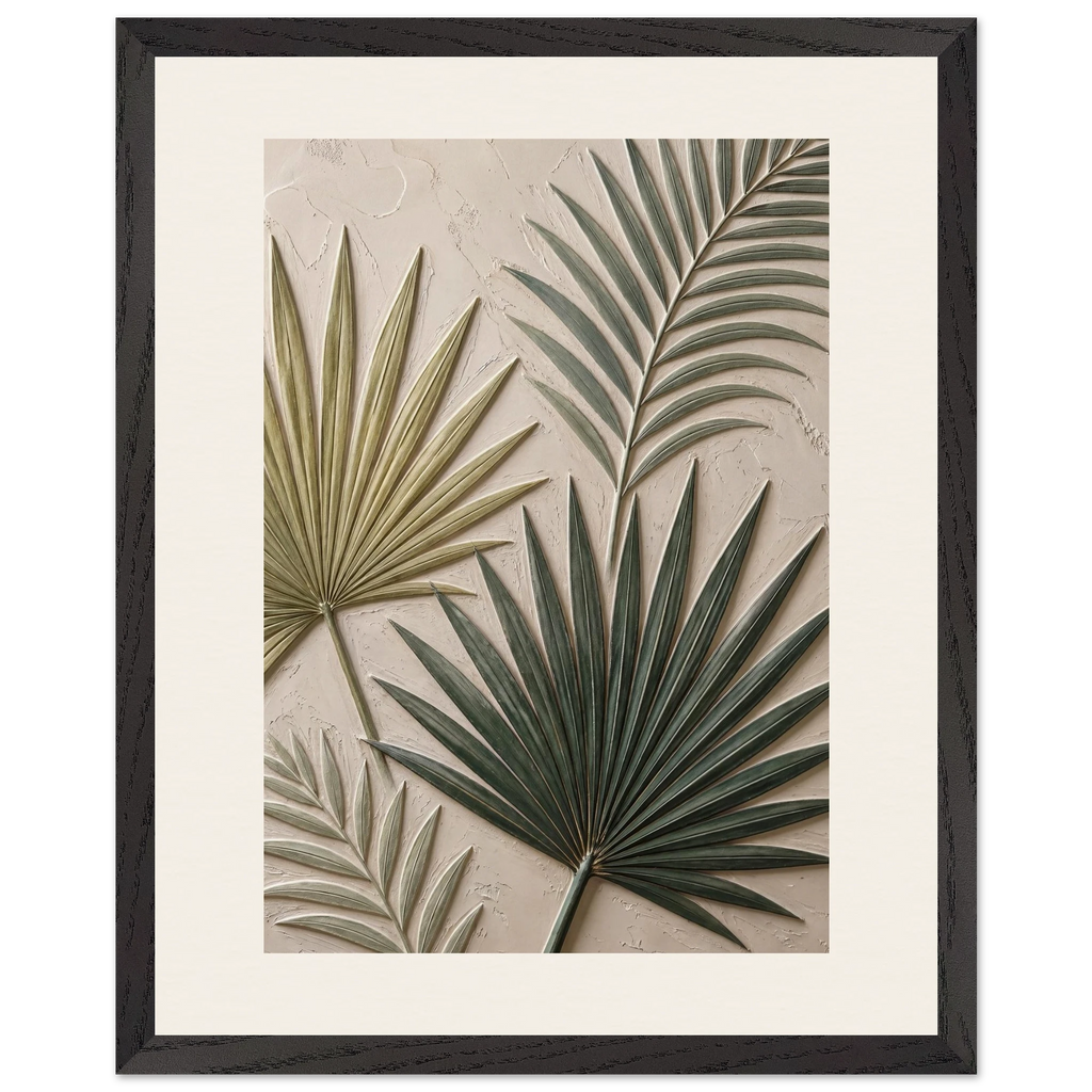 Carved Fronds: impasto, leaves and sand tones. Framed fine art print, alternate frame and size.