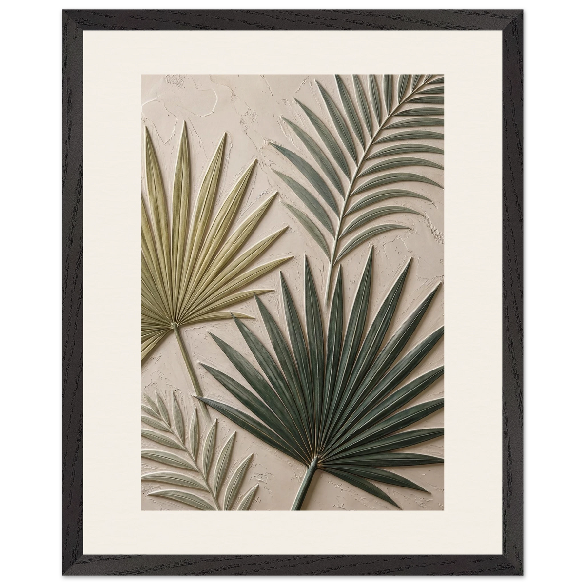 Carved Fronds: impasto, leaves and sand tones. Framed fine art print, alternate frame and size.