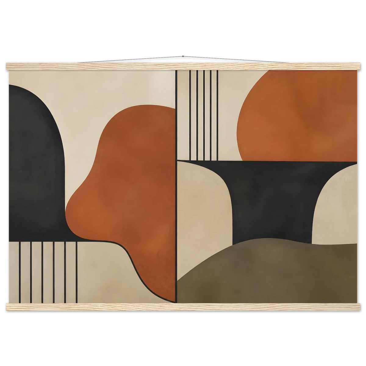 Compass and Clay, geometric abstract, clay and curves. Archival fine art poster shown framed.