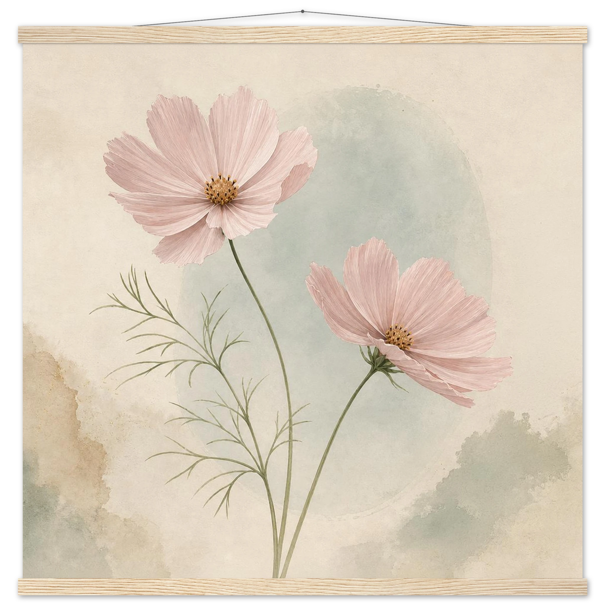 Cosmos Unison: flowers, blush and celadon. Fine art poster with wooden hanger by The Light Stays.