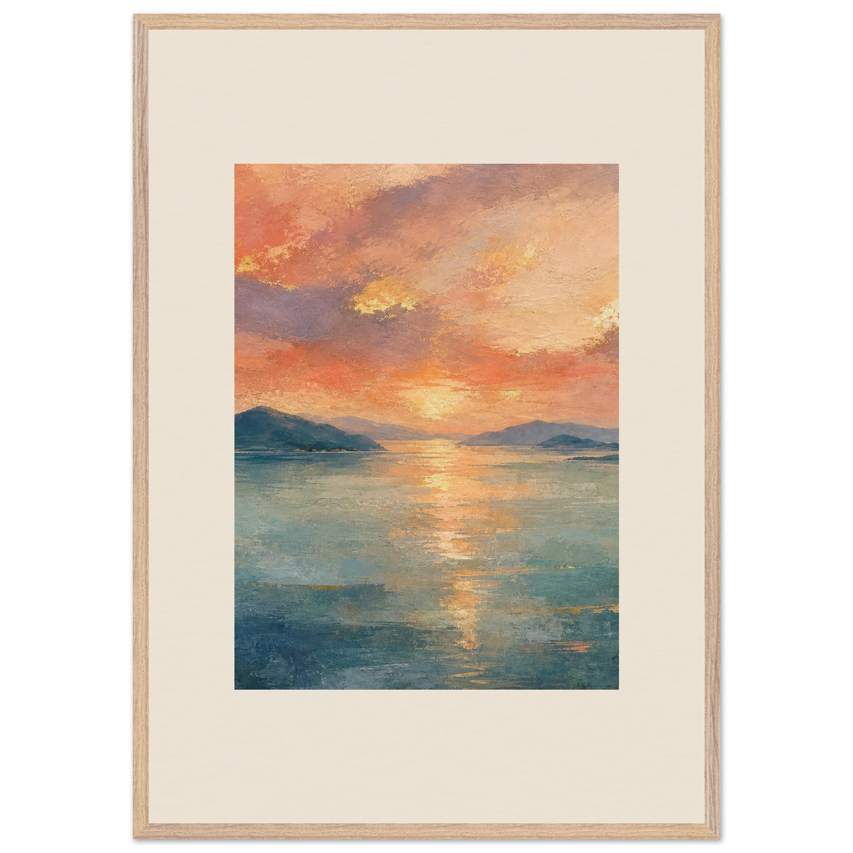 Setouchi Peach Dawn, riviera and japandi. Archival framed fine art print shown framed.