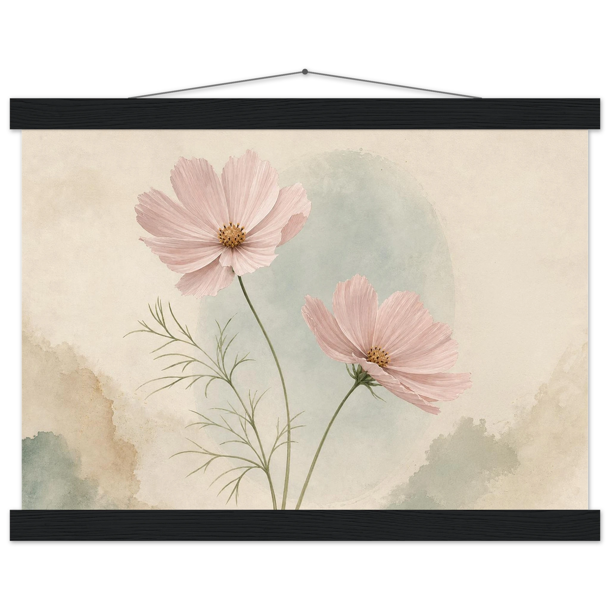 Cosmos Unison: flowers, blush and celadon. Fine art poster with wooden hanger by The Light Stays.