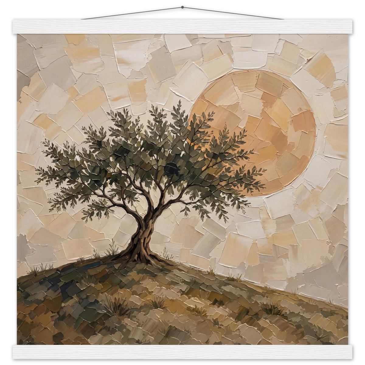 Olive Noon: hills, botanical and golden tones. Fine art poster with wooden hanger by The Light Stays.