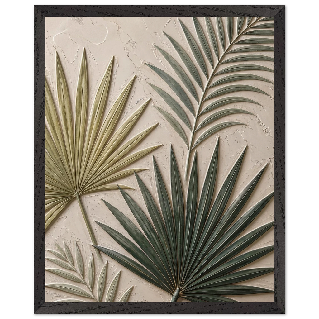 Carved Fronds, impasto, leaves and sand tones. Archival framed fine art print shown framed.