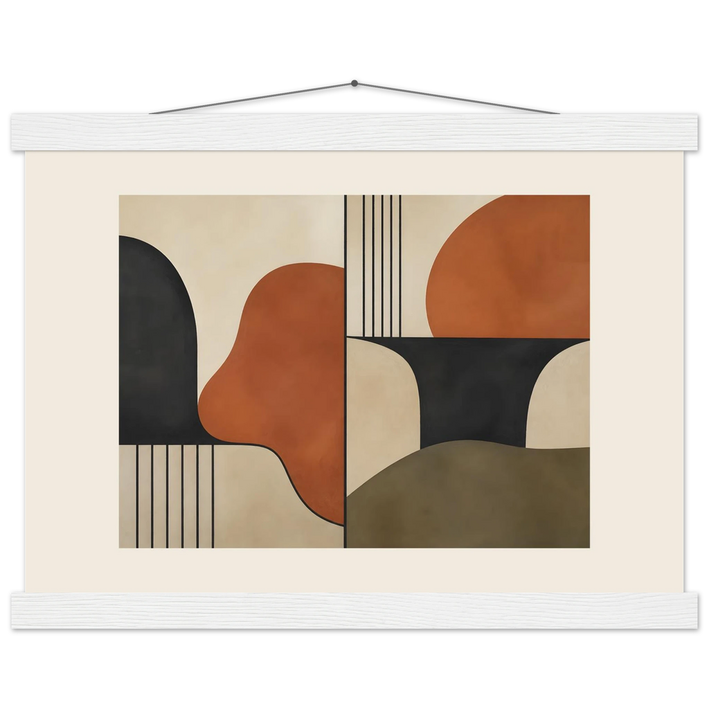 Compass and Clay, geometric abstract, clay and curves. Archival fine art poster shown framed.