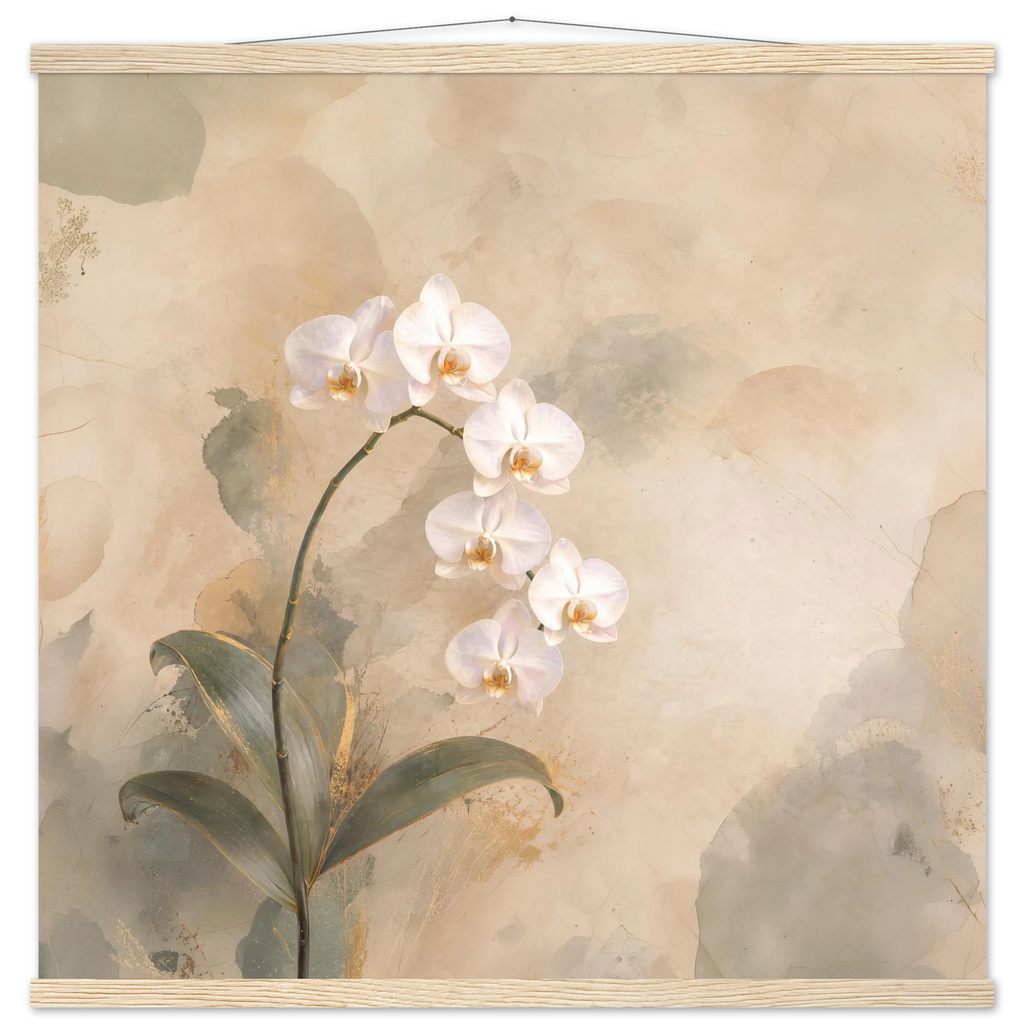 Orquídea Acesa, pôster floral com suporte de madeira da The Light Stays.