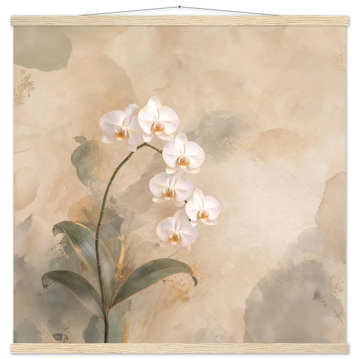 Orchid Luminance: botanical, pale gold and floral art. Fine art poster with wooden hanger by The Light Stays.