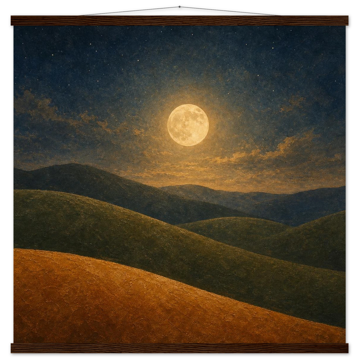 Moon Hills: night, minimalist landscape and charcoal. Fine art poster with wooden hanger by The Light Stays.