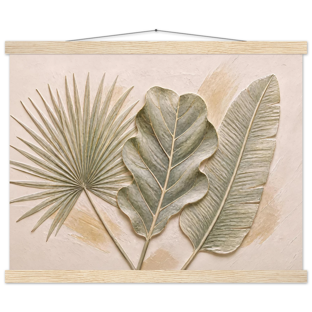 Three Leaves: botanical and nature. Fine art poster, alternate frame and size.