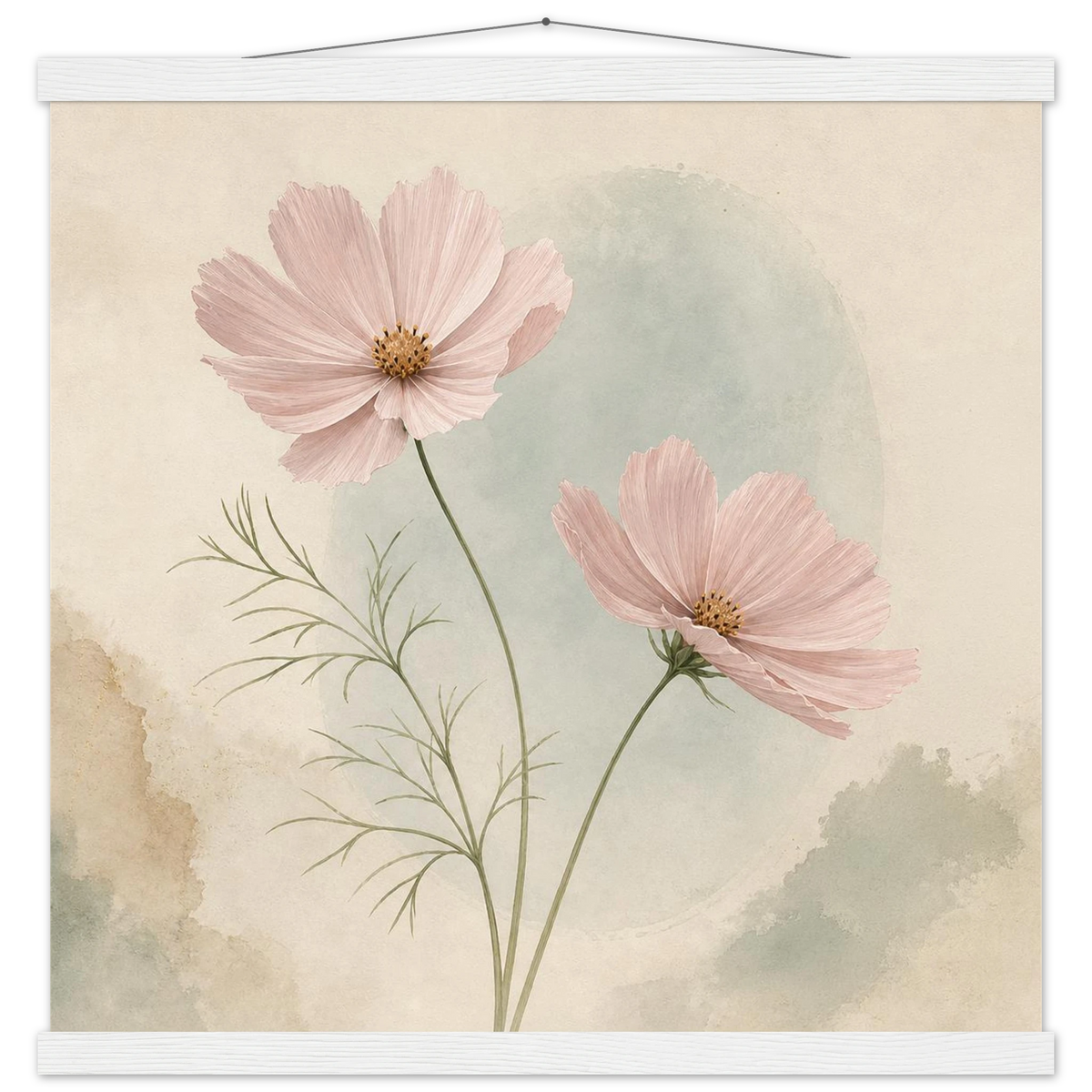 Cosmos Unison: flowers, blush and celadon. Fine art poster with wooden hanger by The Light Stays.