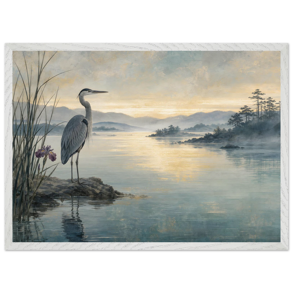 Heron at Dawn, japanese art and japandi. Archival framed fine art print shown framed.