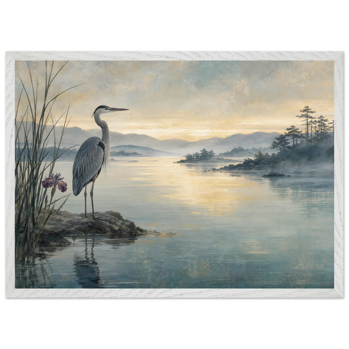 Heron at Dawn, japanese art and japandi. Archival framed fine art print shown framed.