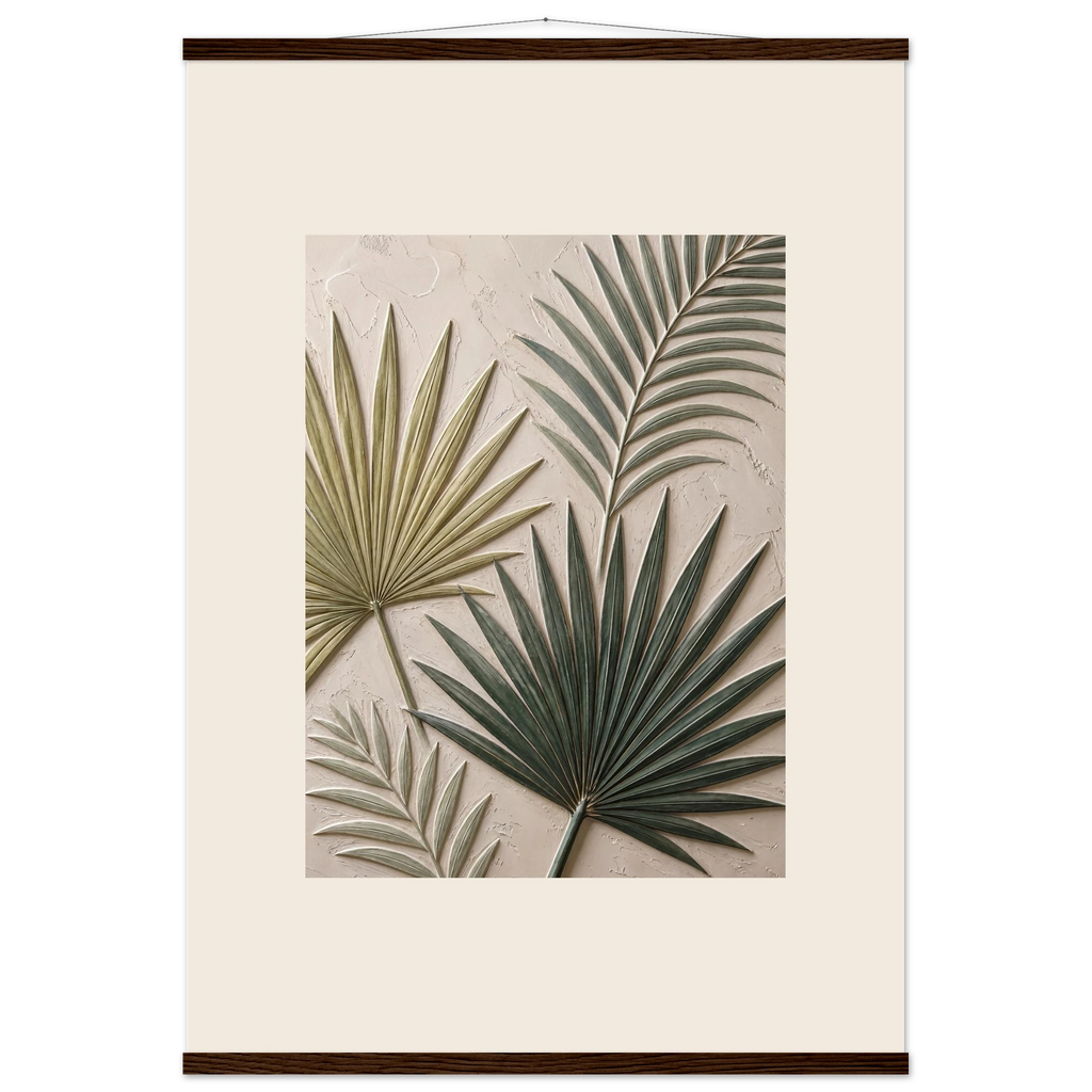 Carved Fronds: impasto, leaves and sand tones. Fine art poster, alternate frame and size.