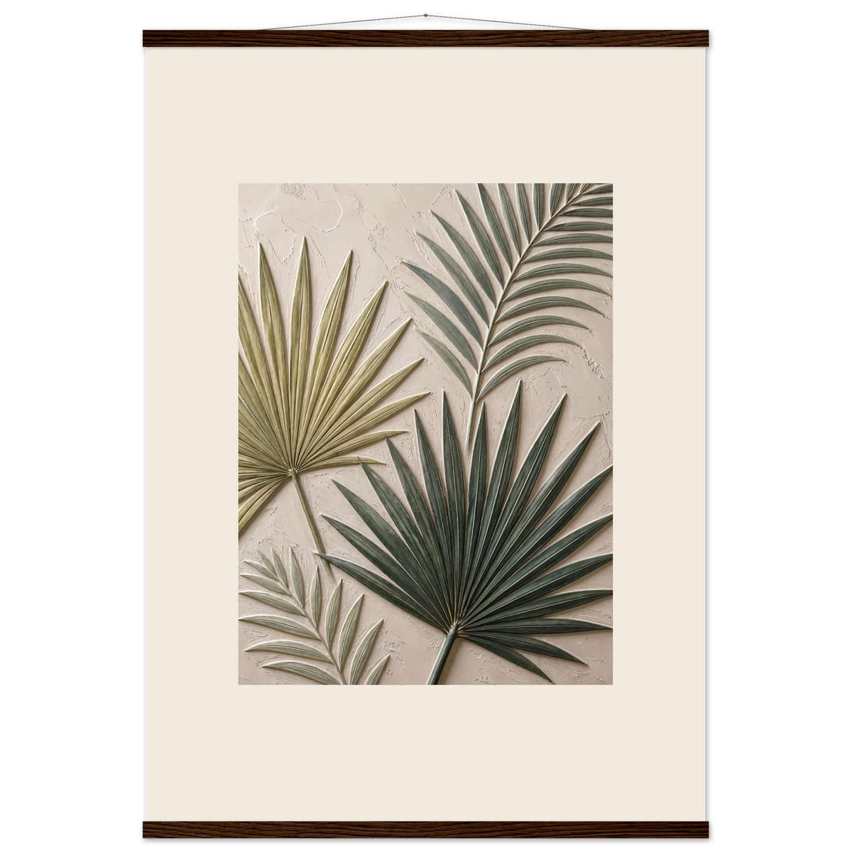 Carved Fronds: impasto, leaves and sand tones. Fine art poster, alternate frame and size.