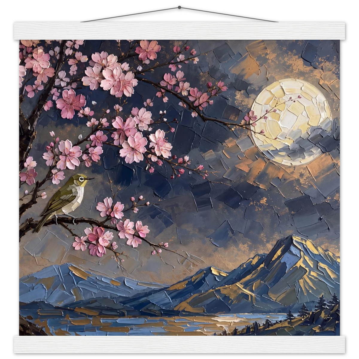 Blossom Moon: cherry blossom, japanese landscape and night. Fine art poster with wooden hanger by The Light Stays.