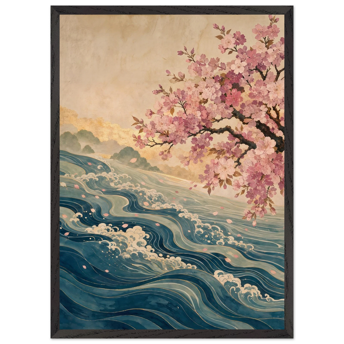 Blossom Tide: japanese art, cherry blossom and wave. Framed fine art print, alternate frame and size.