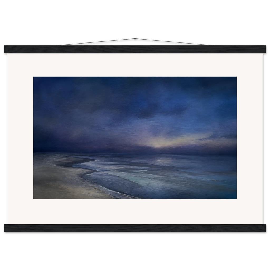 Blue Hour Shore: sea and coastal landscape. Fine art poster, alternate frame and size.