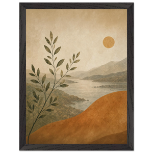 Pintura de costa mediterrânea com oliveira em primeiro plano e sol dourado no horizonte, em quadro emoldurado