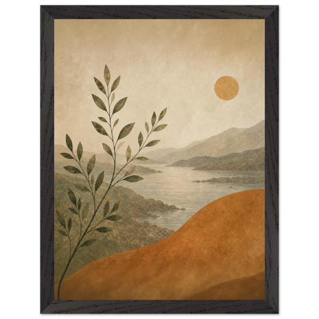 Pintura de costa mediterrânea com oliveira em primeiro plano e sol dourado no horizonte, em quadro emoldurado