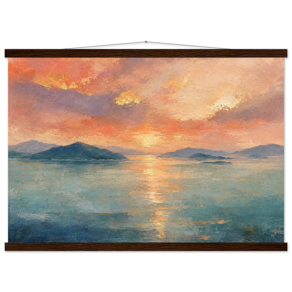 Setouchi Peach Dawn: inland sea, islands and golden reflection. Fine art poster with wooden hanger by The Light Stays.