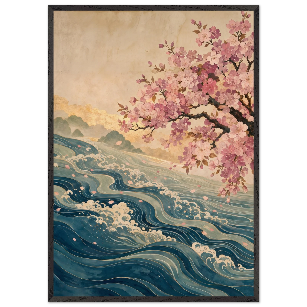 Blossom Tide: japanese art, cherry blossom and wave. Museum-quality framed fine art print.