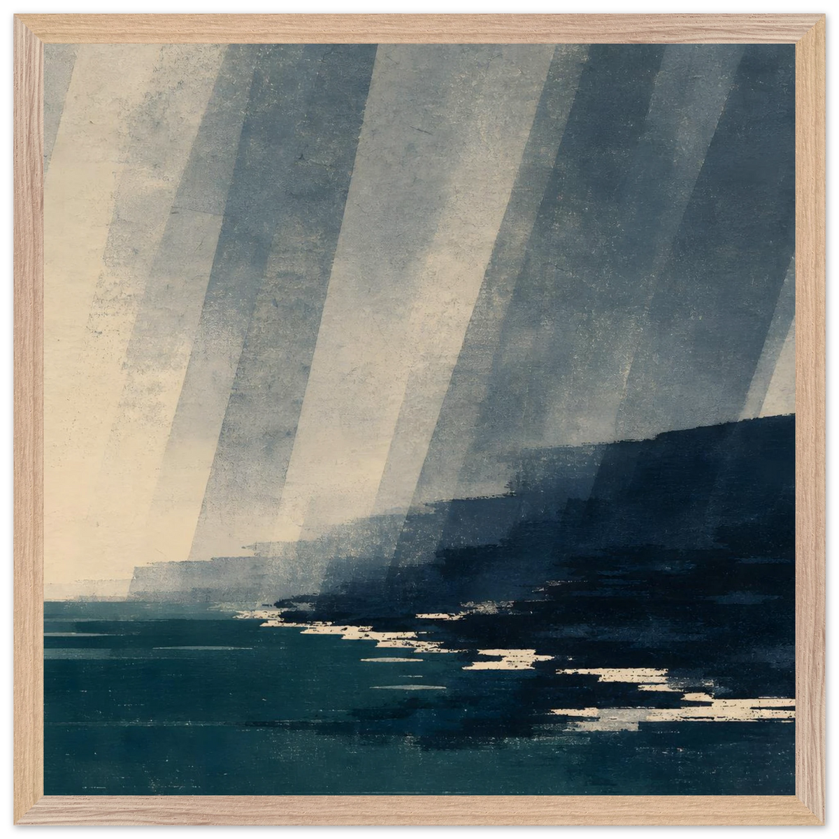 Rain Coast: japandi, teal blue and atmosphere. Framed fine art print by The Light Stays.