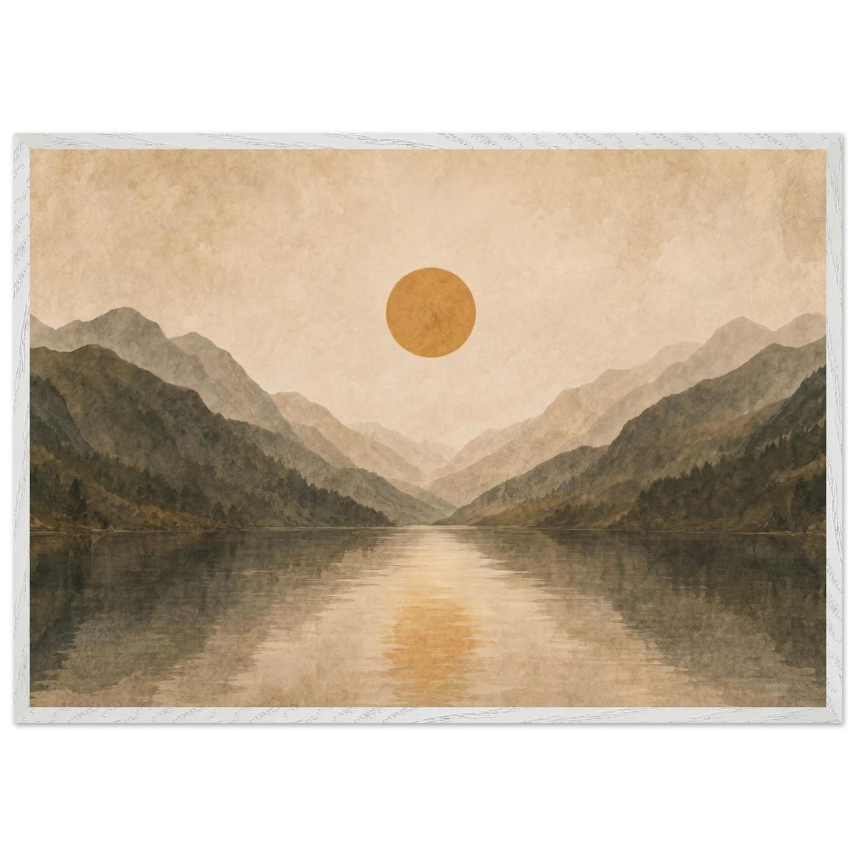 Lake Mirror: mountains, sunset and sun reflection. Framed fine art print by The Light Stays.