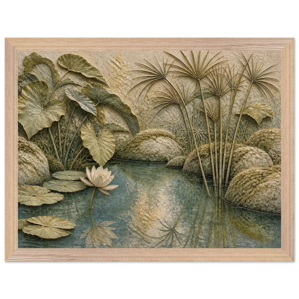 Papyrus Pond, lake, papyrus and serene greens. Archival framed fine art print shown framed.