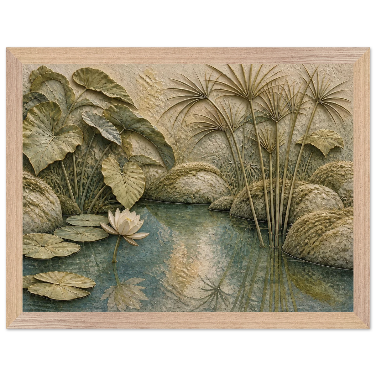 Papyrus Pond, lake, papyrus and serene greens. Archival framed fine art print shown framed.