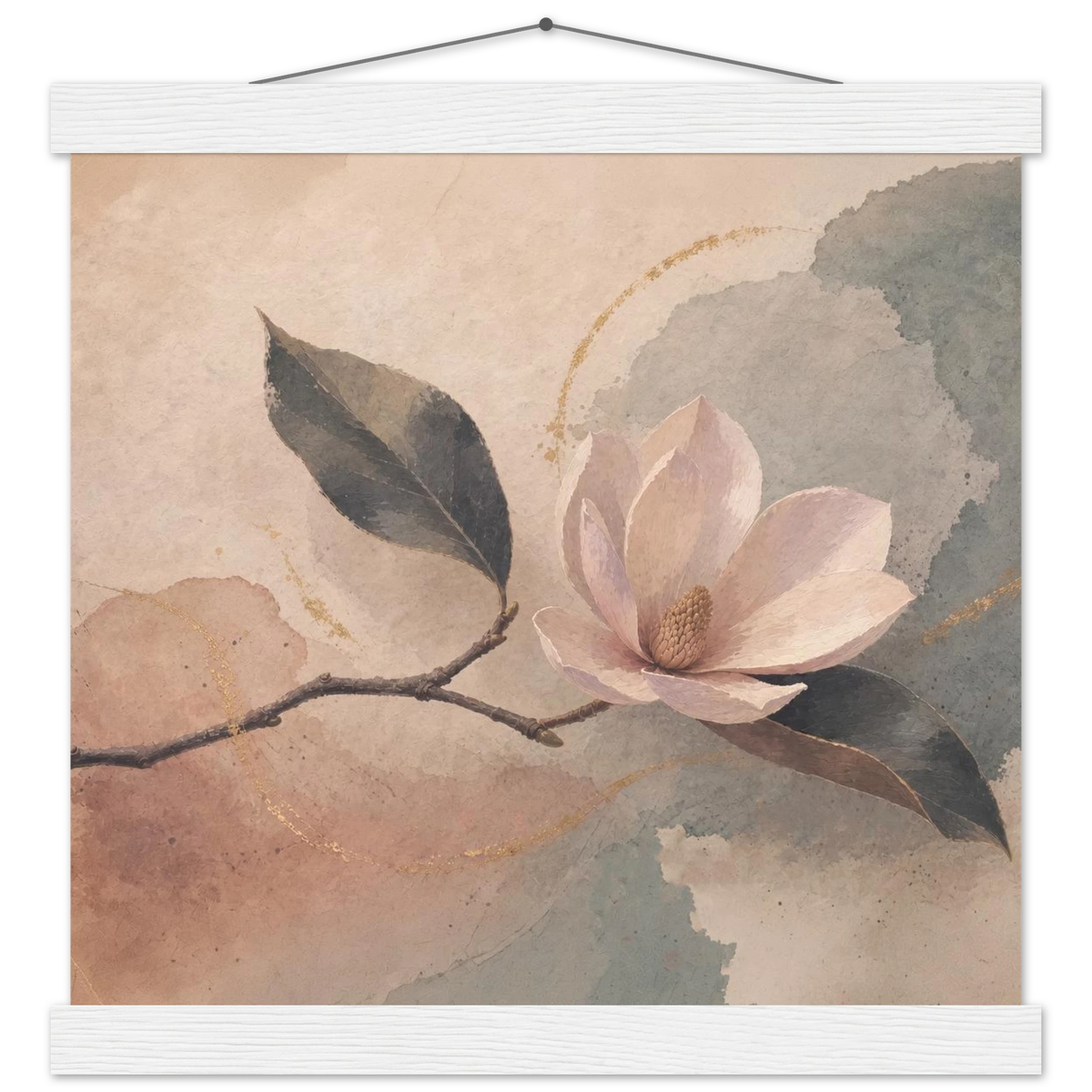 Magnolia Reverie: botanical, sage and japandi. Fine art poster with wooden hanger by The Light Stays.